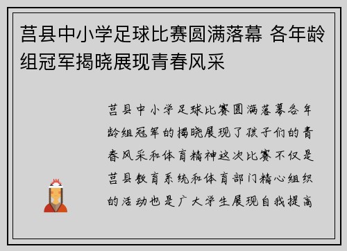 莒县中小学足球比赛圆满落幕 各年龄组冠军揭晓展现青春风采