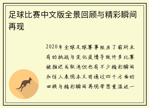 足球比赛中文版全景回顾与精彩瞬间再现