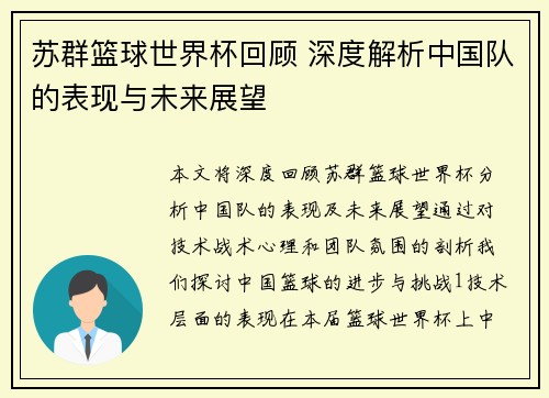 苏群篮球世界杯回顾 深度解析中国队的表现与未来展望