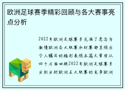 欧洲足球赛季精彩回顾与各大赛事亮点分析