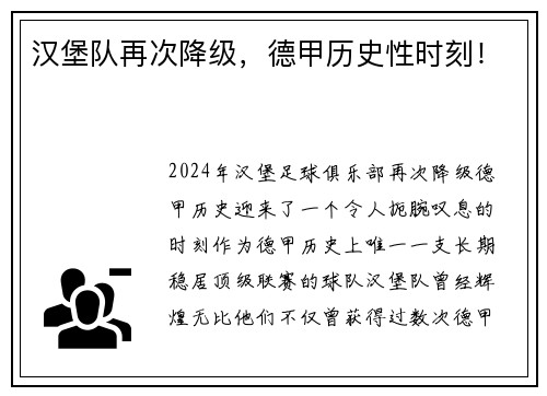 汉堡队再次降级，德甲历史性时刻！
