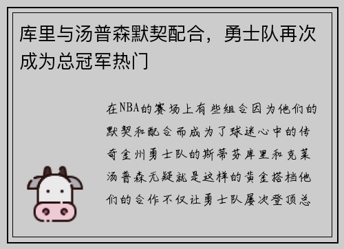 库里与汤普森默契配合，勇士队再次成为总冠军热门