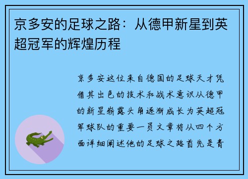京多安的足球之路：从德甲新星到英超冠军的辉煌历程