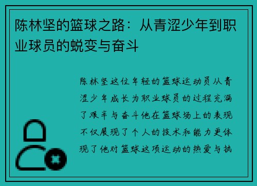 陈林坚的篮球之路：从青涩少年到职业球员的蜕变与奋斗