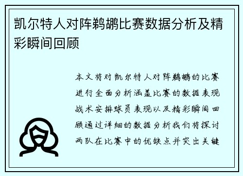 凯尔特人对阵鹈鹕比赛数据分析及精彩瞬间回顾