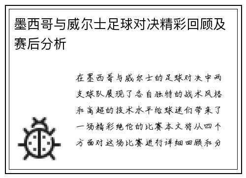 墨西哥与威尔士足球对决精彩回顾及赛后分析
