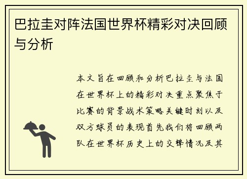 巴拉圭对阵法国世界杯精彩对决回顾与分析
