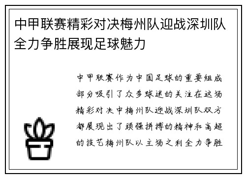 中甲联赛精彩对决梅州队迎战深圳队全力争胜展现足球魅力