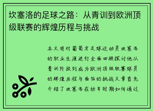 坎塞洛的足球之路：从青训到欧洲顶级联赛的辉煌历程与挑战